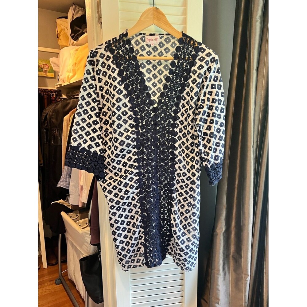 Navy and White Crochet-Trim Swim Coverup